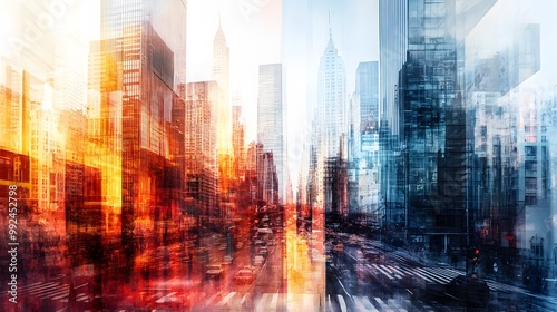 abstract business modern background with cityscape double exposure. 