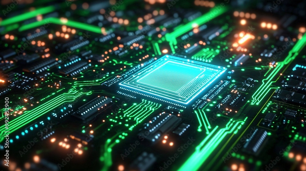 A close-up of a computer motherboard highlighting a microchip surrounded by vibrant neon green lighting A close-up of a computer motherboard highlighting a microchip surrounded by vibrant neon green lighting