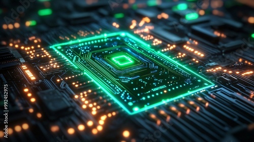 A close-up of a computer motherboard highlighting a microchip surrounded