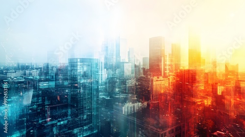 abstract business modern background with cityscape double exposure. 