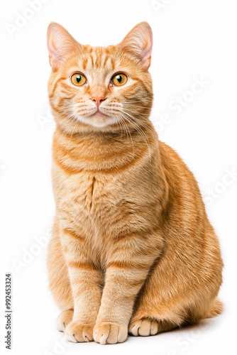 one ginger cat sitting on isolated white background