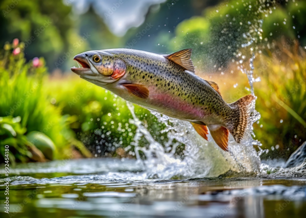 Fototapeta premium Trout leaps from river's glassy surface, water droplets suspended in mid-air, surrounded by verdant plants.
