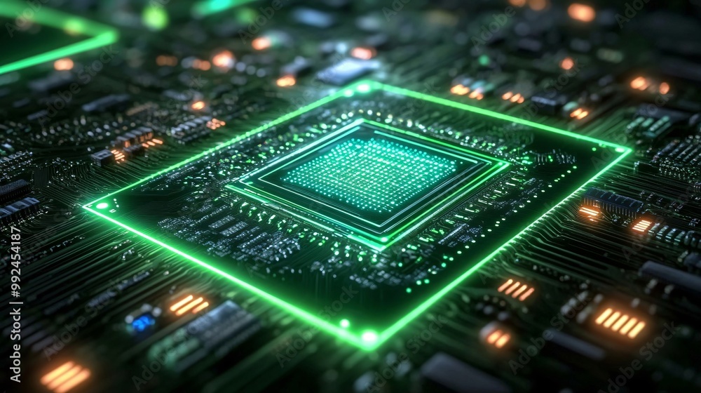 A close-up of a glowing green neon microchip embedded in a motherboard A close-up of a glowing green neon microchip embedded in a motherboard