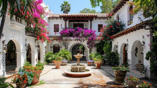 Mediterranean-Style Villa with White Stucco Walls, Terracotta Roof, Arched Doorways, and Bougainvillea Courtyard Fountain