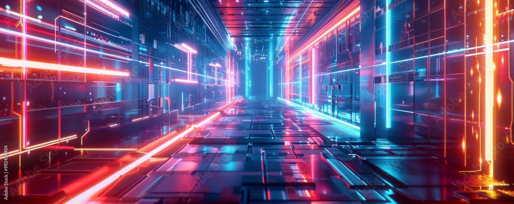 Abstract neon light tunnel with vibrant colors.