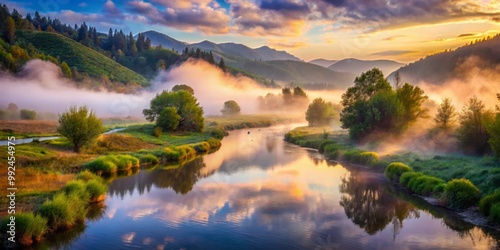 Valley mist ascends, shrouding the serene landscape in an aura of mystery, as the gentle river flows effortlessly, its surface reflecting the vibrant hues of the surrounding terrain.