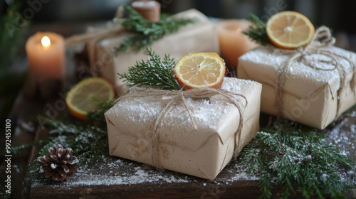 Homemade Christmas gifts beautifully wrapped with natural decorations, featuring dried orange slices and pine branches, create warm and festive atmosphere