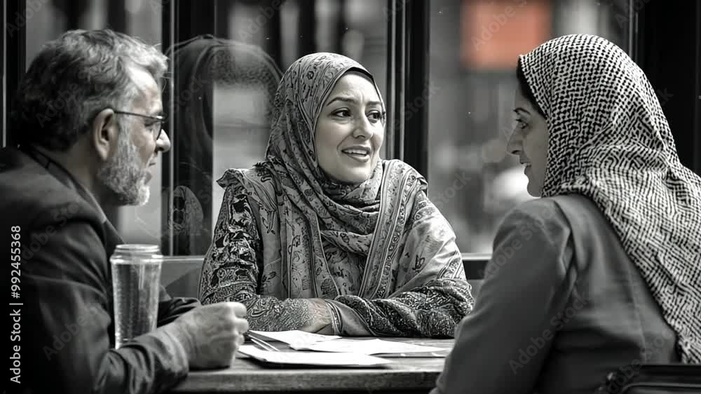 Three people are seated at a table, two women in headscarves and one man, talking and looking at each other.