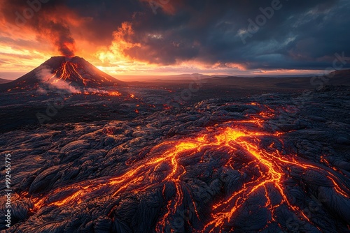 Volcanic Eruption with Lava Flow at Sunset