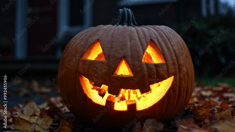 A bright orange pumpkin, carved with a joyful expression, glows warmly on a doorstep, surrounded by fallen leaves in the twilight.