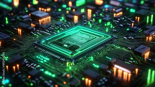 A glowing green neon microchip sits at the heart of the motherboard in a custom PC build