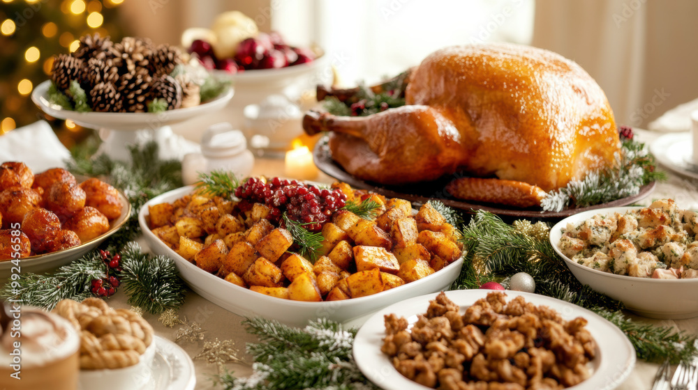 Obraz premium festive Christmas feast featuring beautifully roasted turkey, golden roasted vegetables, and array of delicious side dishes, perfect for family gatherings