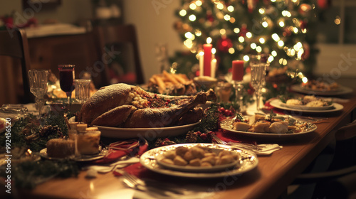 beautifully arranged Christmas feast featuring roasted turkey, festive decorations, and array of delicious dishes, creating warm and inviting atmosphere for family gatherings