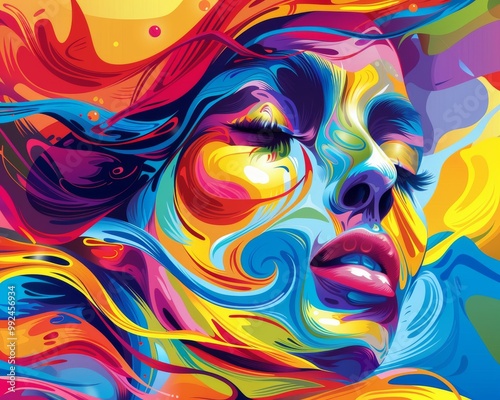 Abstract portrait of a woman with vibrant colors and swirling patterns. A close-up view of her face with closed eyes. A colorful and artistic depiction of beauty.