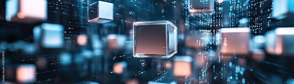 Futuristic Digital Blockchain Network with Glowing Cubes and Data Connections in a Virtual Space