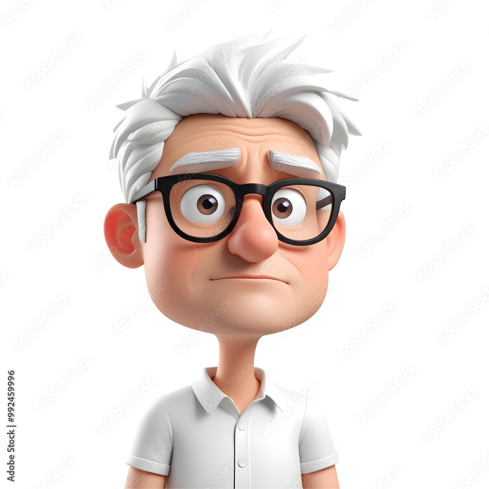 3D illustration of a senior man with glasses and a sad expression isolated on transparent background. 3D illustration of a senior man with glasses and a sad expression isolated on transparent background.