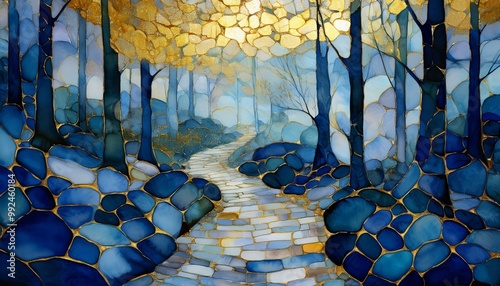 A beautiful abstract mosaic of a forest path in blues and golds, perfect for wall art, backgrounds, creative designs, and home decor. Ideal for nature-inspired projects.