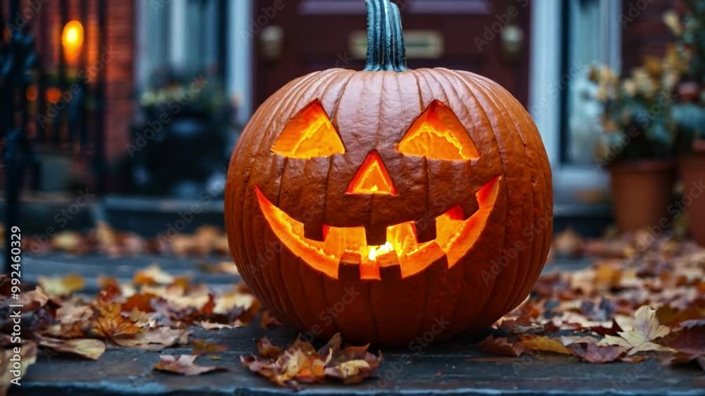 A carved pumpkin with a cheerful expression illuminates a porch, framed by colorful autumn leaves during twilight. A carved pumpkin with a cheerful expression illuminates a porch, framed by colorful autumn leaves during twilight.