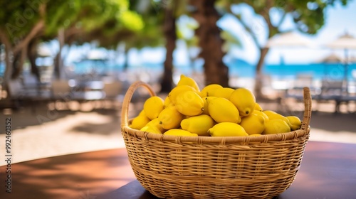 Basket of nance fruits resting vibrant picnic table a tropical resort with sun umbrellas and ocean waves softly blurred behind promoting a relaxed vacation feel Scientific name Byrsonima crassifolia photo