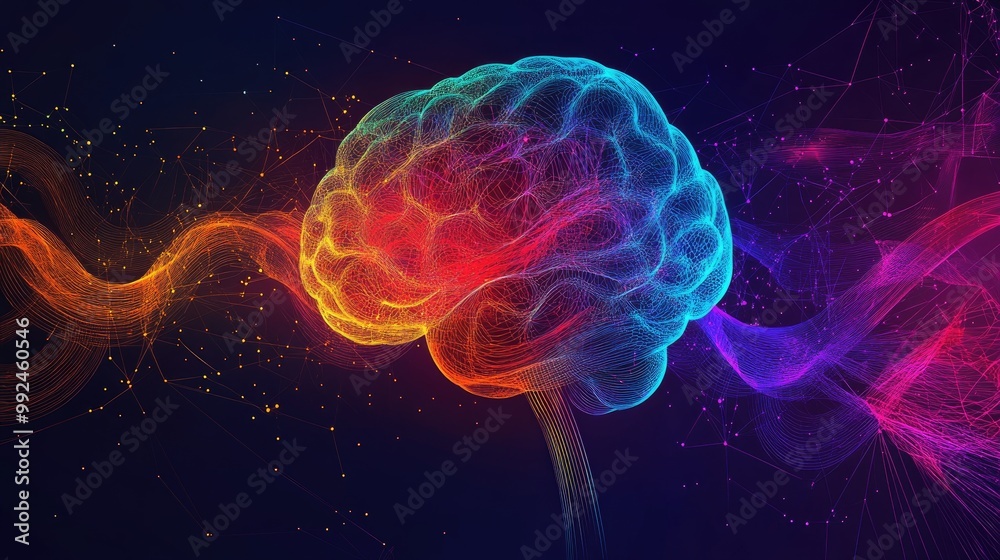 Naklejka premium Vibrant Digital Brain with Neural Network Connections and Colorful Abstract Waves on Dark Background