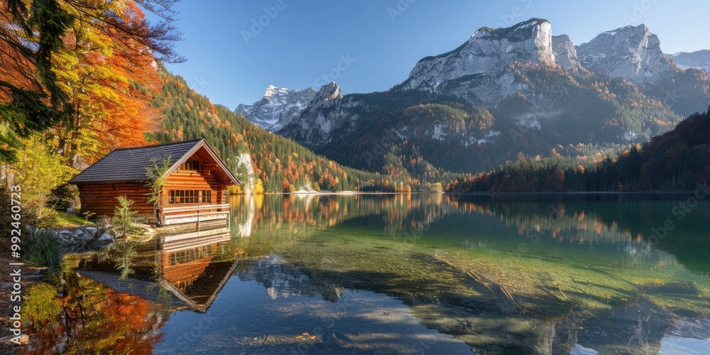 Fototapeta premium A Charming Wooden House on the Shore of a Tranquil Lake, with a Backdrop of Snow-Capped Mountains and Colorful Autumn Trees Glowing in the Sunlight.
