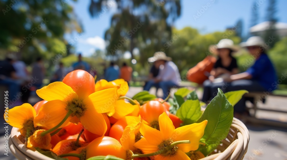Naklejka premium Basket of naranjilla fruits resting colorful picnic blanket park families enjoying the day and bright flowers softly blurred behind promoting a joyful outdoor setting Scientific name Solanum quitoense