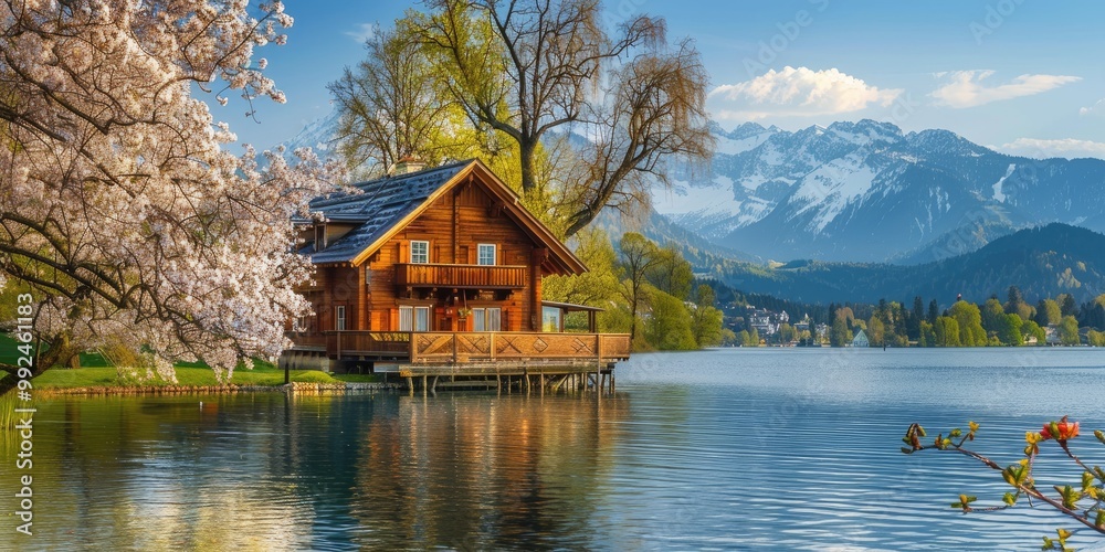 Fototapeta premium A Charming Wooden House on the Shore of a Tranquil Lake, with a Backdrop of Snow-Capped Mountains and Colorful Autumn Trees Glowing in the Sunlight.
