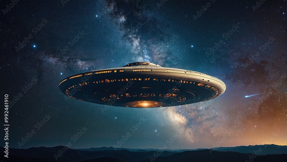 Mysterious spacecraft hovers over a vibrant galaxy filled with stars and cosmic phenomena in a deep space setting