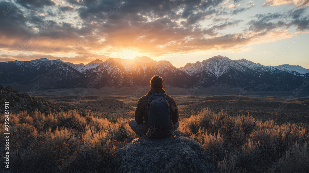 person sits on rock, gazing at breathtaking sunrise over majestic mountains, surrounded by golden grass and serene landscape. scene evokes sense of freedom and tranquility person sits on rock, gazing at breathtaking sunrise over majestic mountains, surrounded by golden grass and serene landscape. scene evokes sense of freedom and tranquility