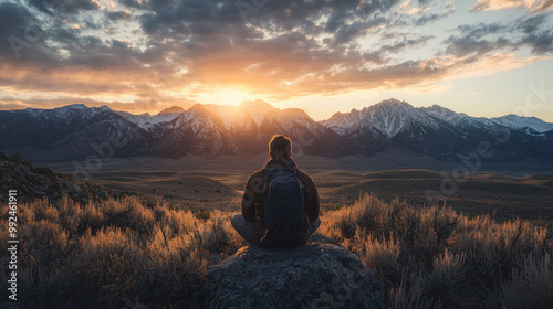 person sits on rock, gazing at breathtaking sunrise over majestic mountains, surrounded by golden grass and serene landscape. scene evokes sense of freedom and tranquility