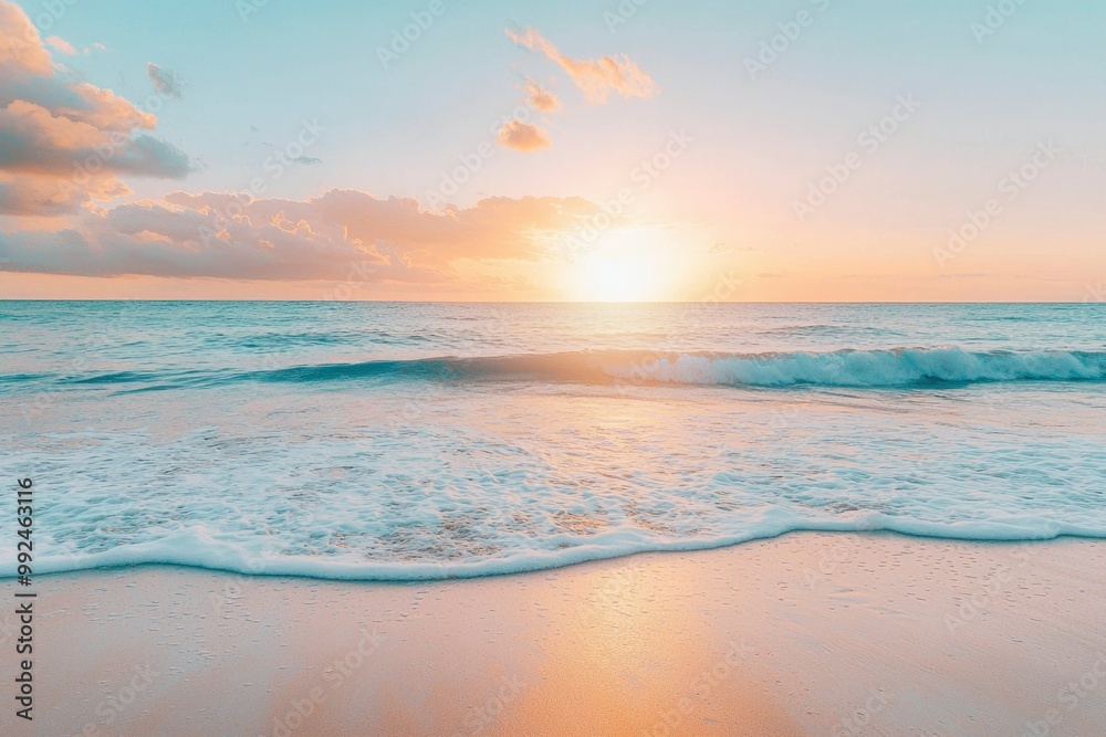 Serene Sunset Over a Tranquil Ocean with Gentle Waves Crashing on a Sandy Beach Serene Sunset Over a Tranquil Ocean with Gentle Waves Crashing on a Sandy Beach