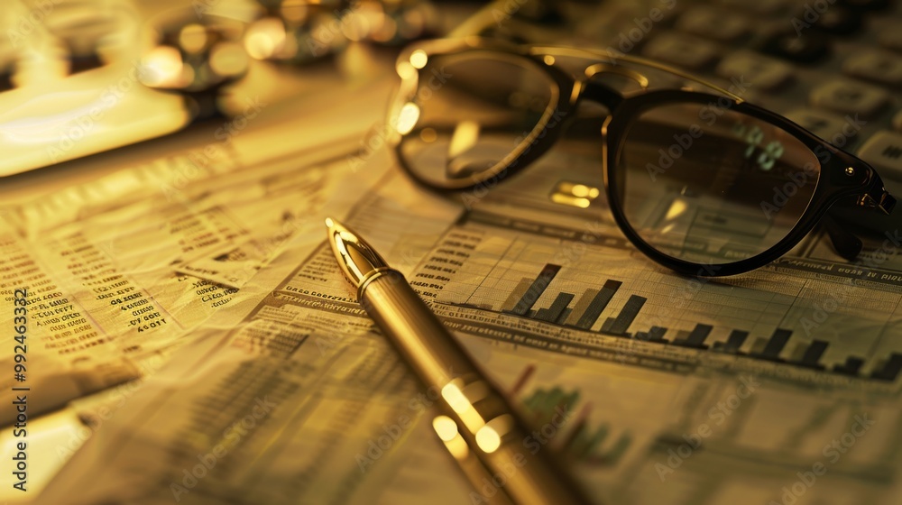 Close up of a pen, glasses, and financial charts, suggesting analysis and planning. Close up of a pen, glasses, and financial charts, suggesting analysis and planning.