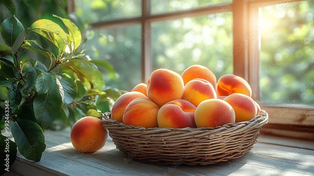 Basket of ripe peaches sitting on a whitewashed wooden table in a sundrenched kitchen with sunlight streaming through an open window creating a warm and inviting scene Scientific name Prunus persica Basket of ripe peaches sitting on a whitewashed wooden table in a sundrenched kitchen with sunlight streaming through an open window creating a warm and inviting scene Scientific name Prunus persica