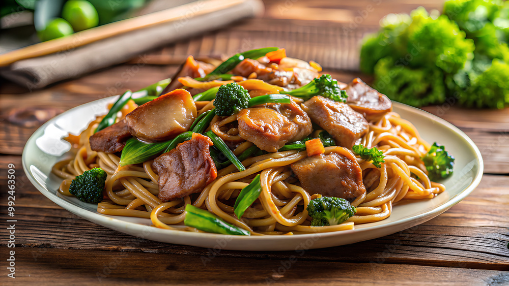 Stir-fried noodles, topped with tender pork and crisp Chinese broccoli Stir-fried noodles, topped with tender pork and crisp Chinese broccoli