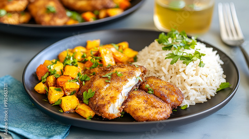 Crispy fried fish served with plantains and rice