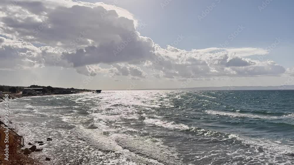 Cinematic sea and ocean waves glide across the sand Cinematic sea and ocean waves glide across the sand