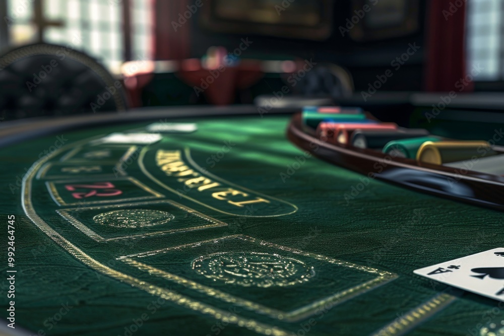 Obraz premium Close-up of a green felt blackjack table with cards and chips.
