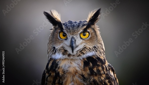 Isolated great horned owl with depth of field showcasing large tufts and striking eyes