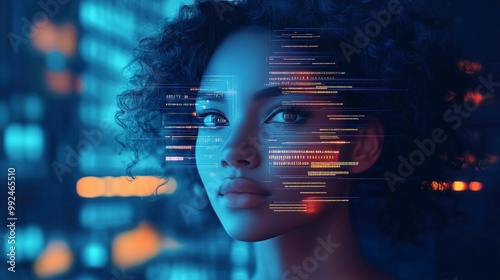 HCI and Virtual Digital Human: Black African American Woman Analyzing Data in Information Technology with Augmented Reality and AI Collage, Front View, Copy Space, AI, Cybersecurity, Background