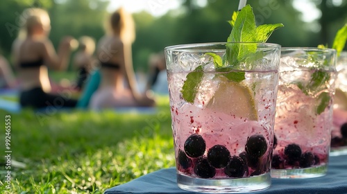 Bilberry ginger detox drink served crystalclear glass wellness retreat guest practicing yoga engaging fitness activity softly blurred background promoting healthy active lifestyle Scientific name photo