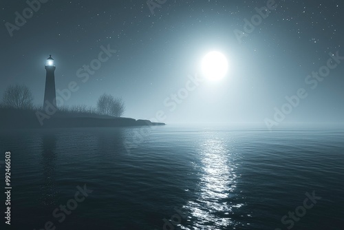 Luminous Lighthouse on a Foggy Night with a Full Moon