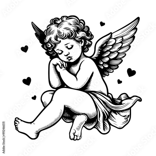 cherub line art, angel with heart, angel with wings, cupid with heart.