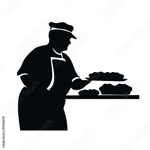 Silhouette of a Baker Man Holding Bread Isolated on White Background – Vector Illustration