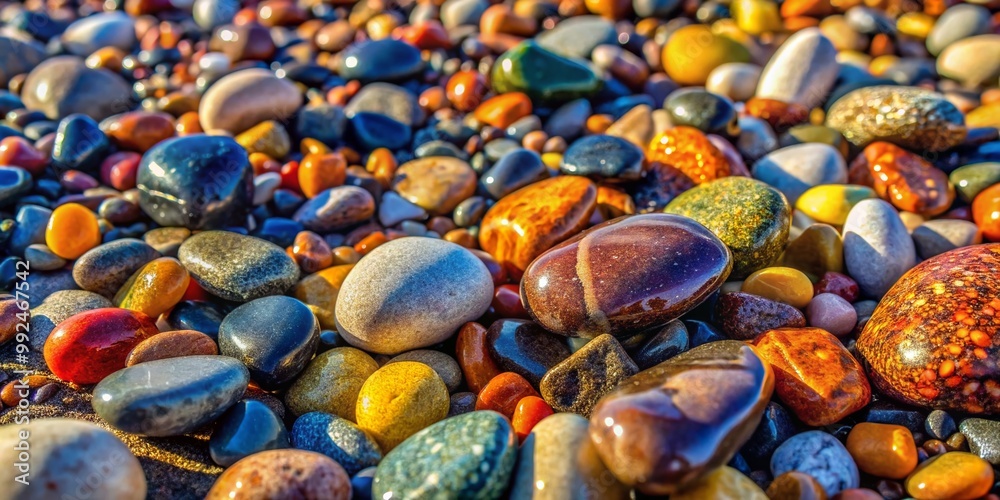 Colorful Pebbles and Flintstone Rocks on a Beach, Nature's Textures and Patterns in the Sand Colorful Pebbles and Flintstone Rocks on a Beach, Nature's Textures and Patterns in the Sand