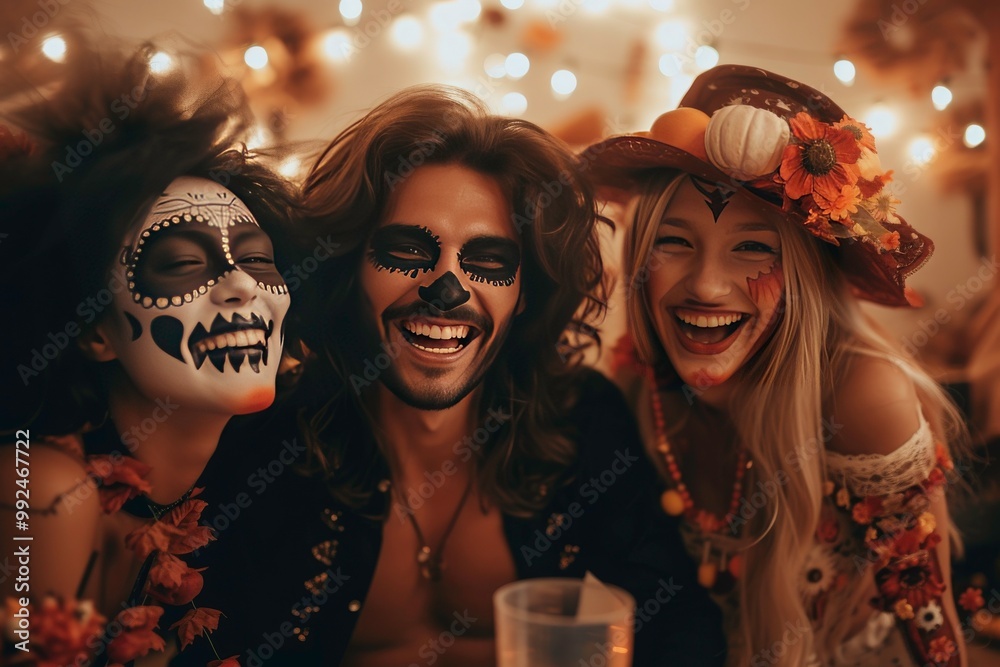 Festive gathering with friends celebrating Halloween. Perfect for Halloween party invitations, social media posts, and website banners. Generative AI Festive gathering with friends celebrating Halloween. Perfect for Halloween party invitations, social media posts, and website banners. Generative AI