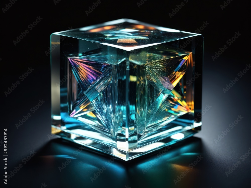 Fototapeta premium 3d crystal glass cube with refraction and holograph. on black background
