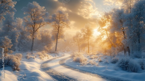 Serene winter landscape with trees and a winding path at sunrise.