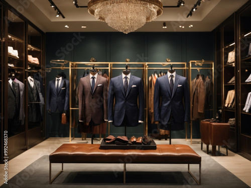 Men's suits on hangers in a store