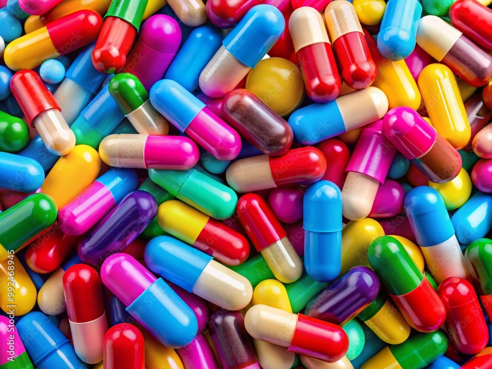 Colorful pharmaceutical capsules and tablets arranged on a bright background for medical concepts Colorful pharmaceutical capsules and tablets arranged on a bright background for medical concepts
