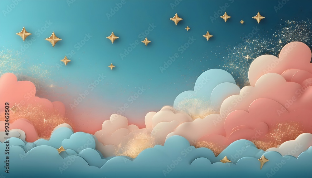 The sky background is filled with pastel fluffy clouds in a paper layer format. The sky background is filled with pastel fluffy clouds in a paper layer format.
